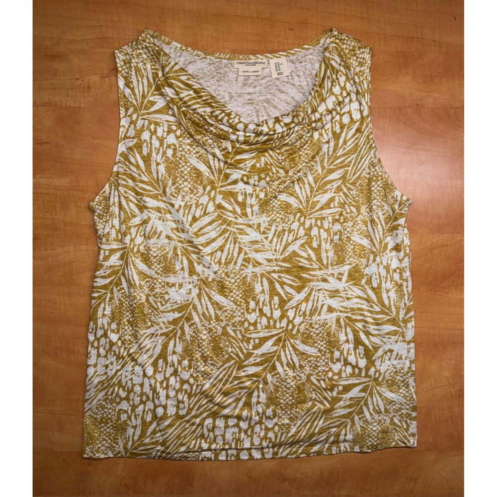 Christian Siriano New York Linen Tropical Palm Cowl Neck Tank Top XL Mustard